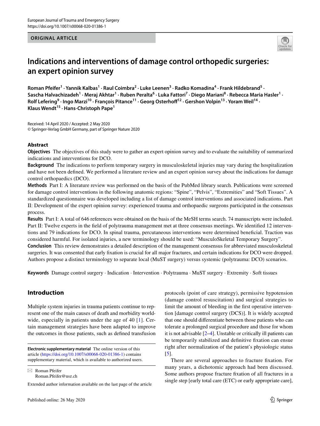 Indications and Interventions of Damage Control Orthopedic Surgeries: an Expert Opinion Survey