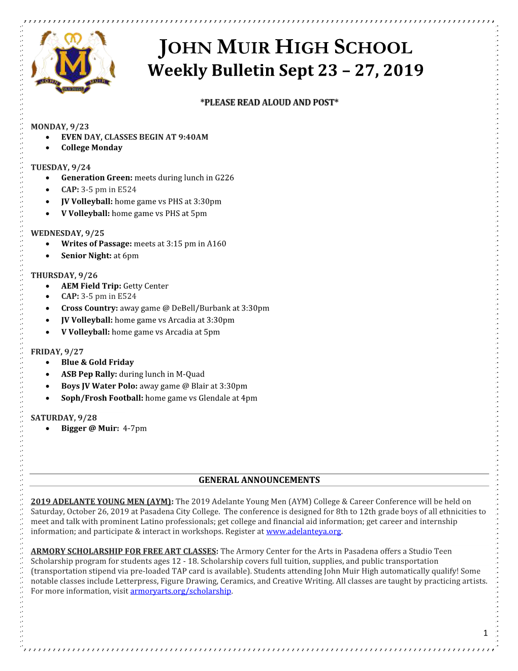 JOHN MUIR HIGH SCHOOL Weekly Bulletin Sept 23 – 27, 2019