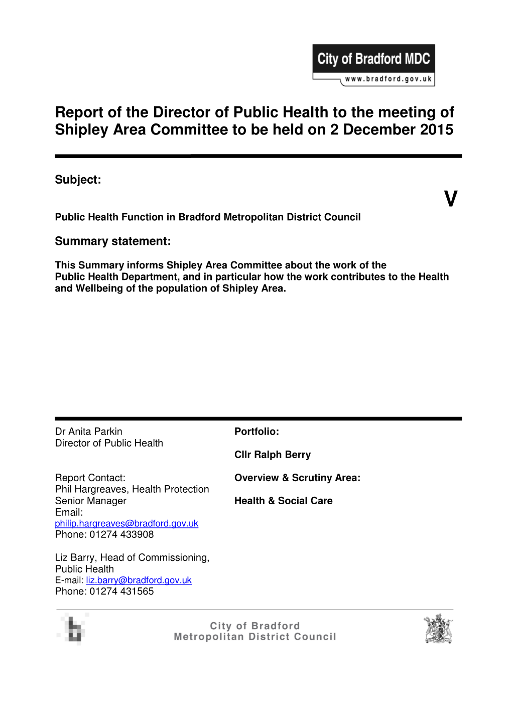 Report of the Director of Public Health to the Meeting of Shipley Area Committee to Be Held on 2 December 2015