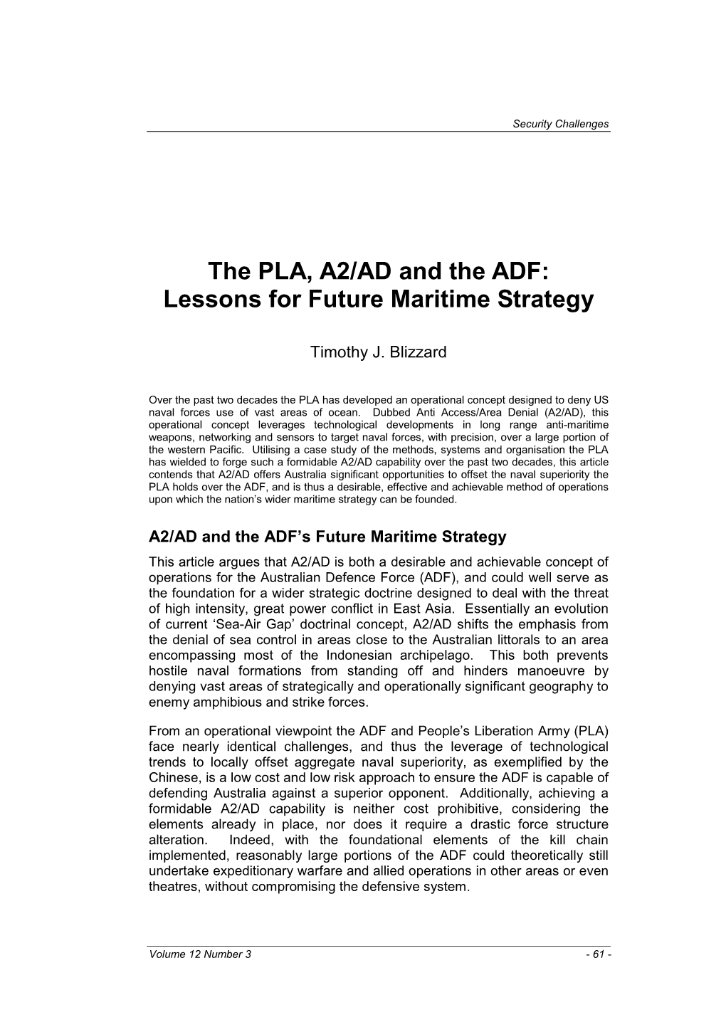 The PLA, A2/AD and the ADF: Lessons for Future Maritime Strategy