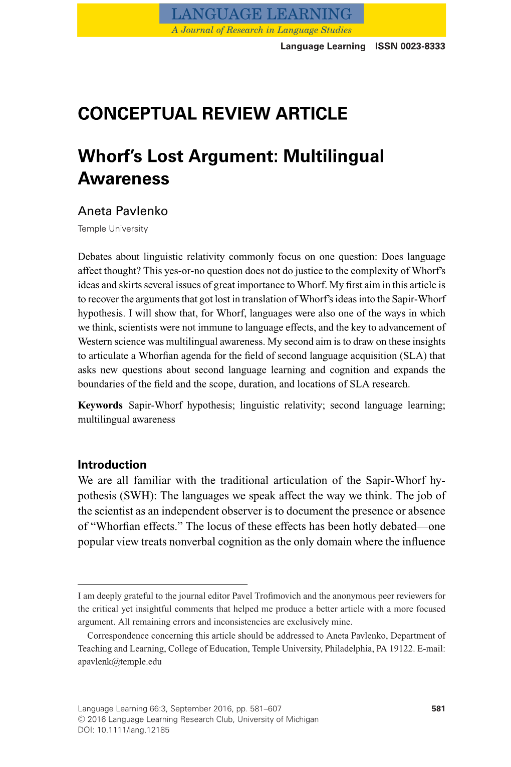 Whorf's Lost Argument: Multilingual Awareness