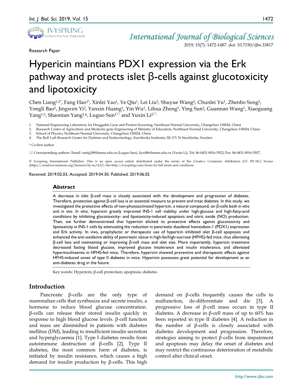 Hypericin Maintians PDX1 Expression Via the Erk Pathway and Protects