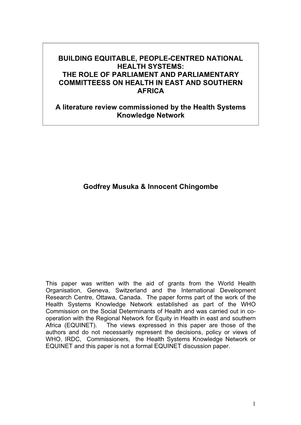 The Role of Parliament and Parliamentary Committeess on Health in East and Southern Africa