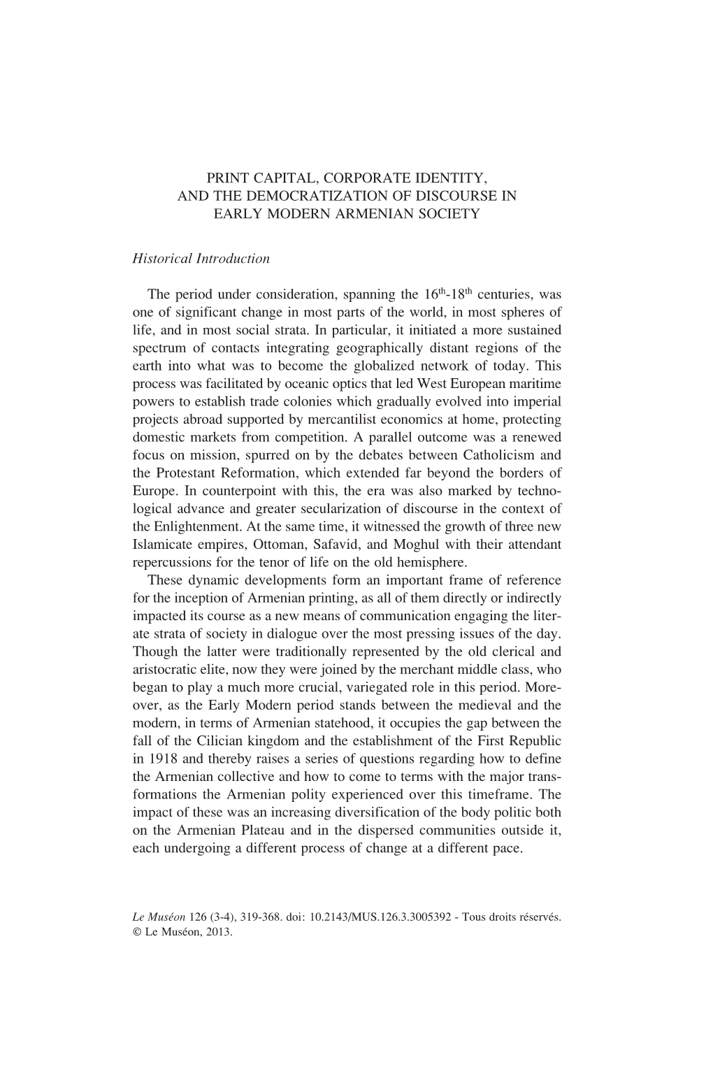 Print Capital, Corporate Identity, and the Democratization of Discourse in Early Modern Armenian Society