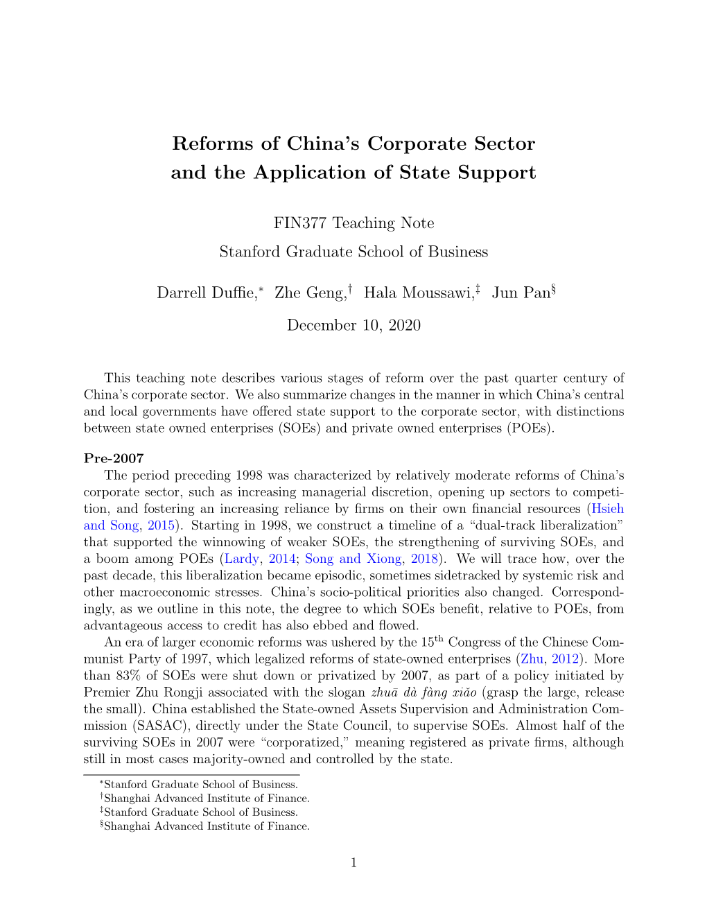Reforms of China's Corporate Sector and the Application of State Support