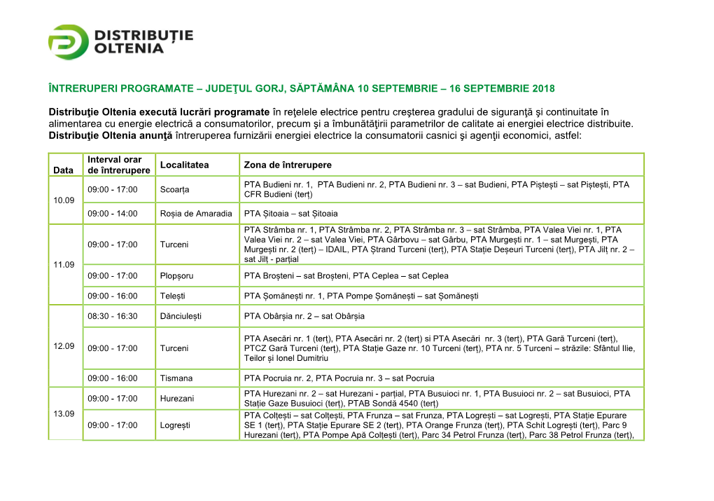 Întreruperi Programate – Judeţul Gorj, Săptămâna 10 Septembrie – 16 Septembrie 2018