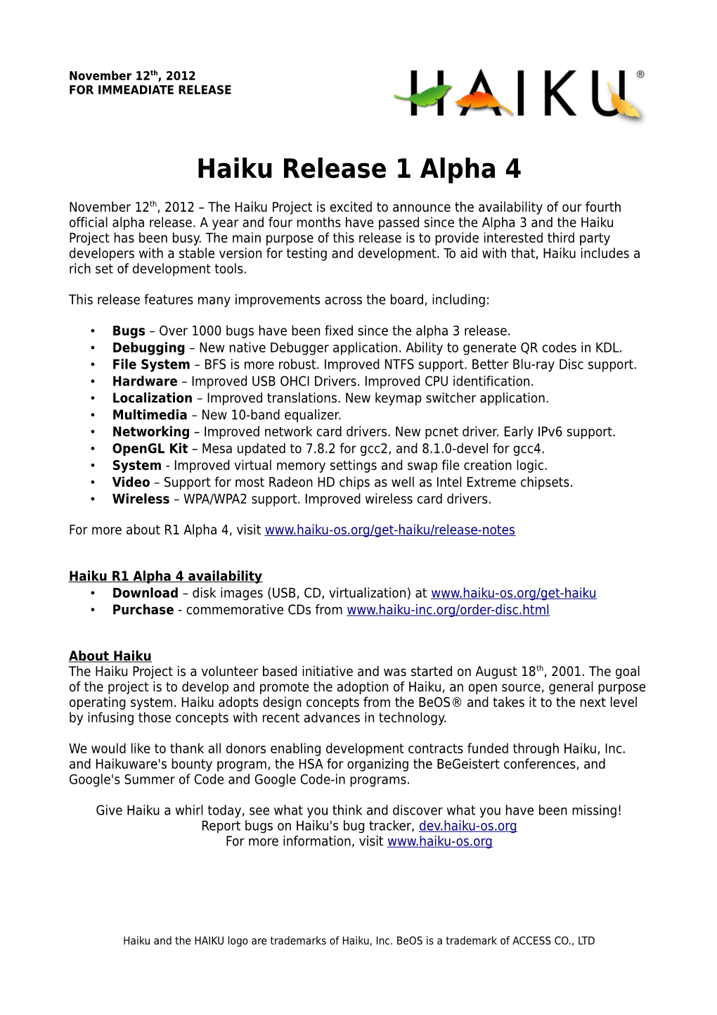 Haiku Release 1 Alpha 4