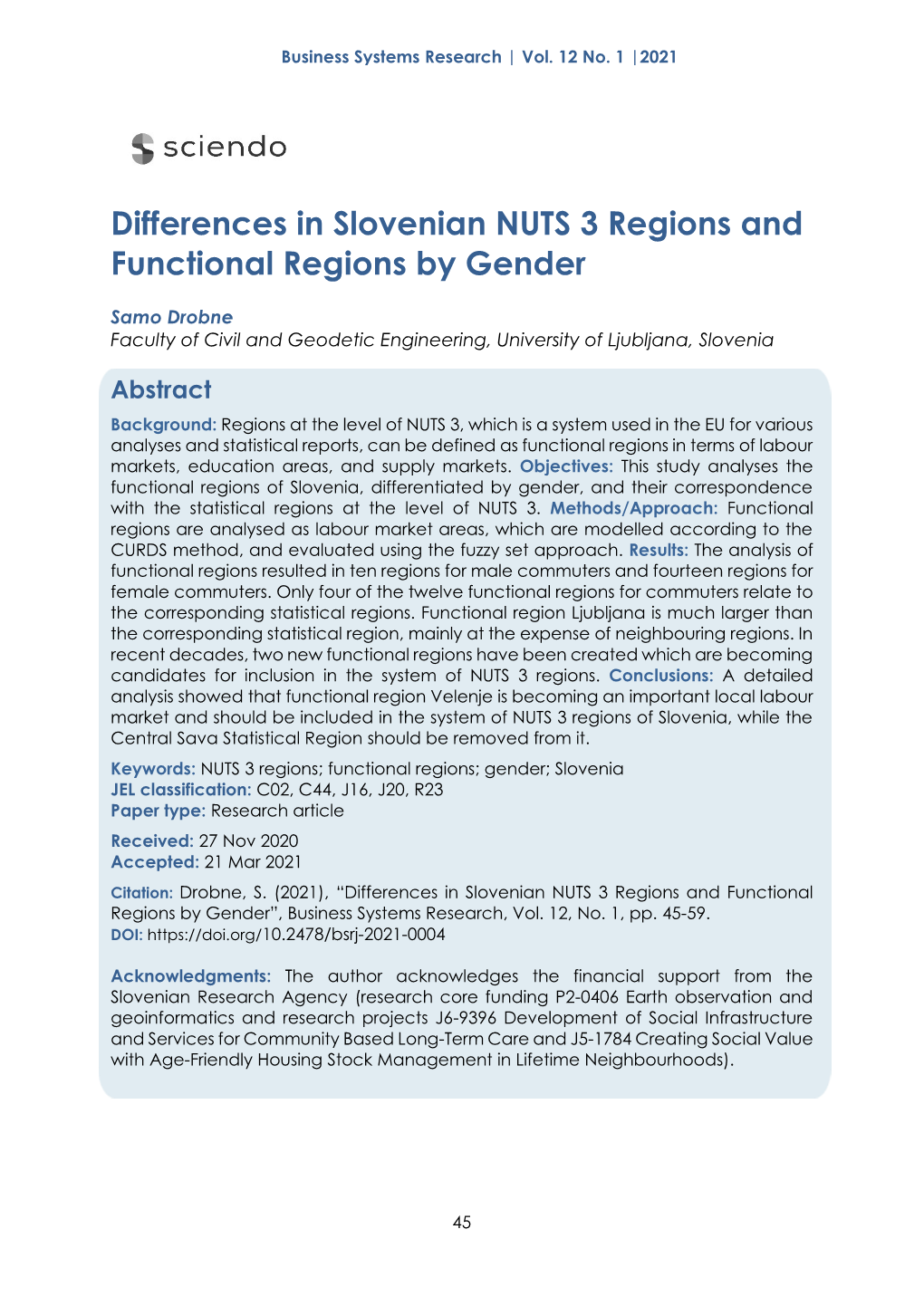 Differences in Slovenian NUTS 3 Regions and Functional Regions by Gender