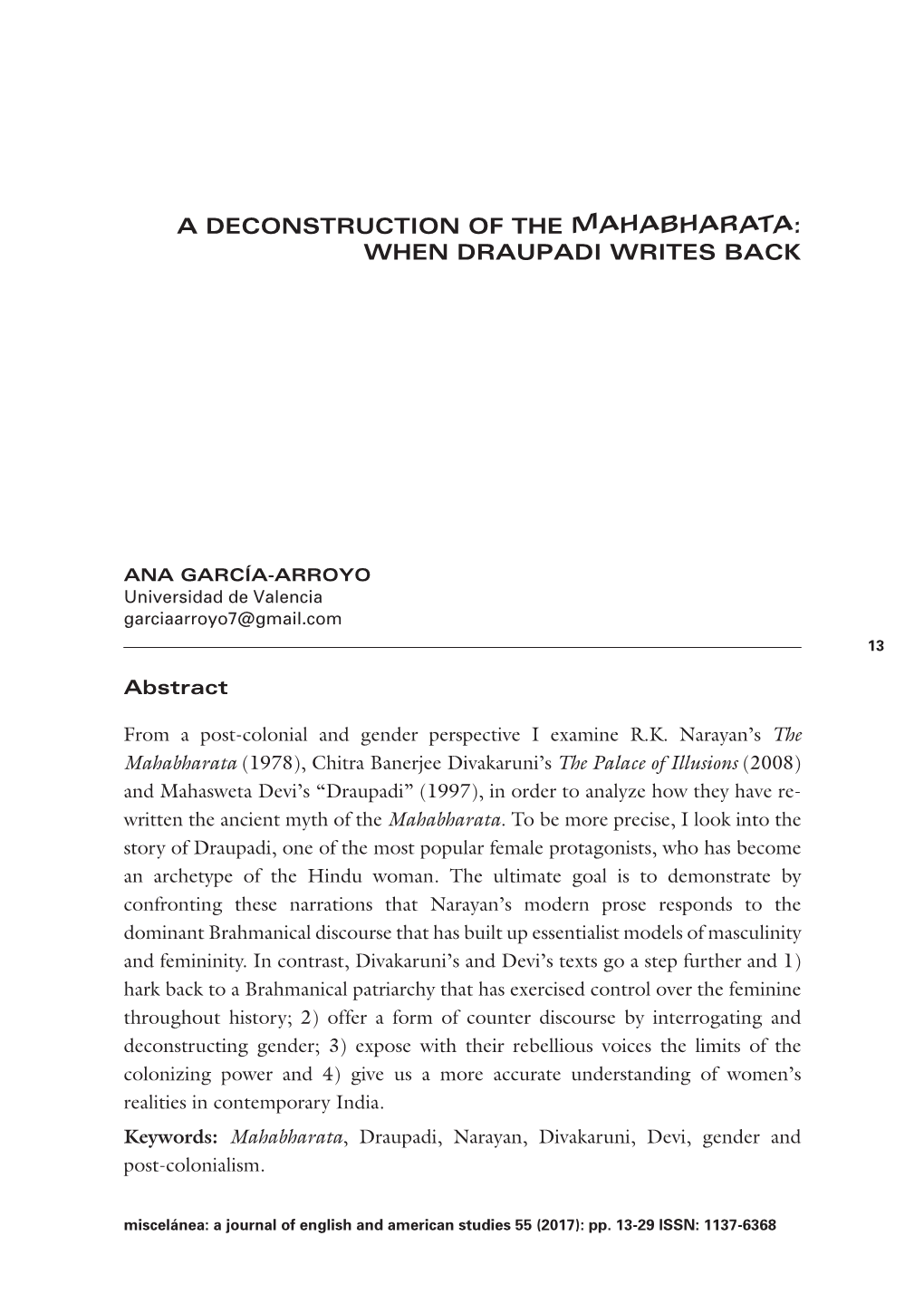 A Deconstruction of the Mahabharata: When Draupadi Writes Back