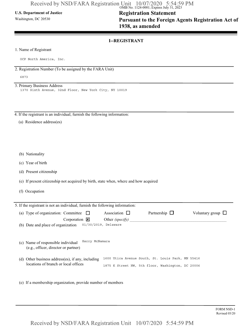 Registration Statement Received by NSD/FARA Registration Unit 10/07/2020 5:54:59 PM Received by NSD/FARA Registration Unit 10/07