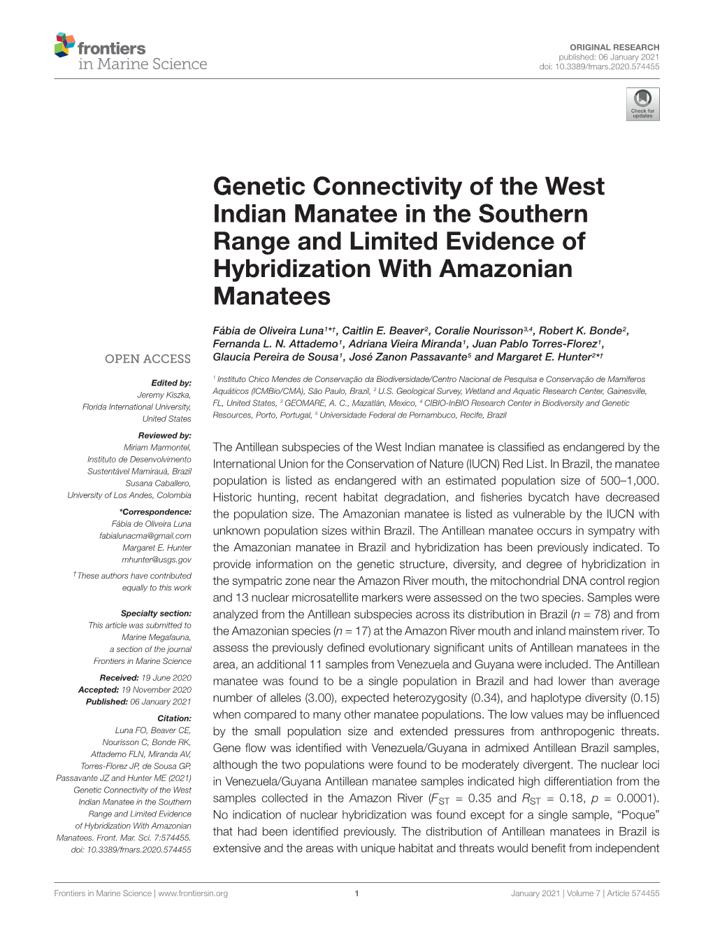 Genetic Connectivity of the West Indian Manatee in the Southern Range and Limited Evidence of Hybridization with Amazonian Manatees