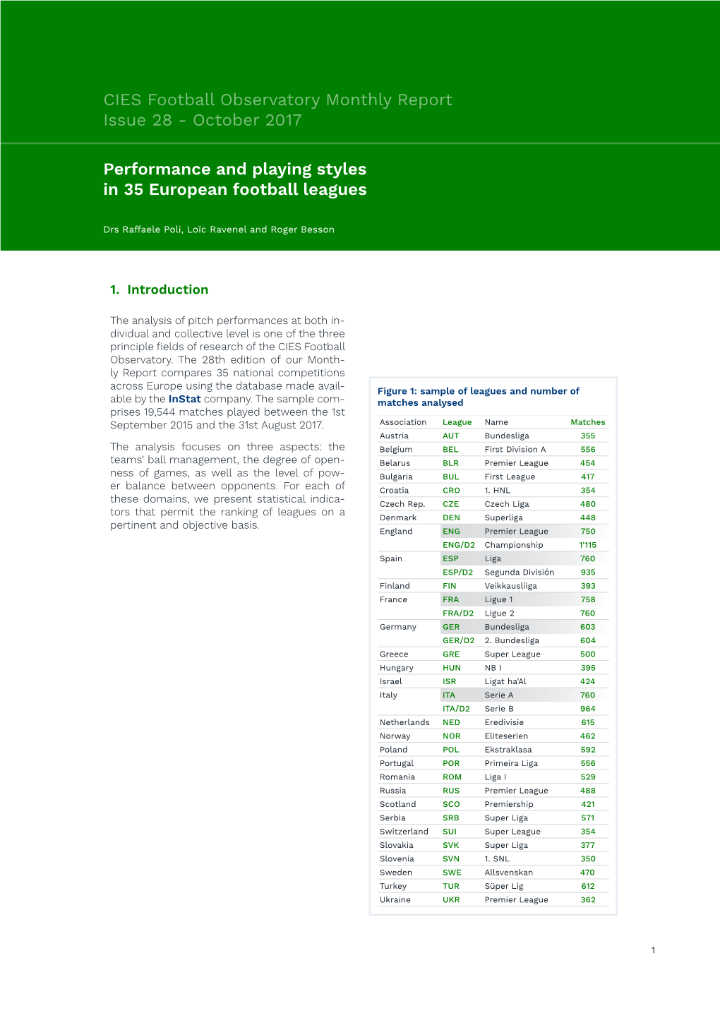 Performance and Playing Styles in 35 European Football Leagues CIES