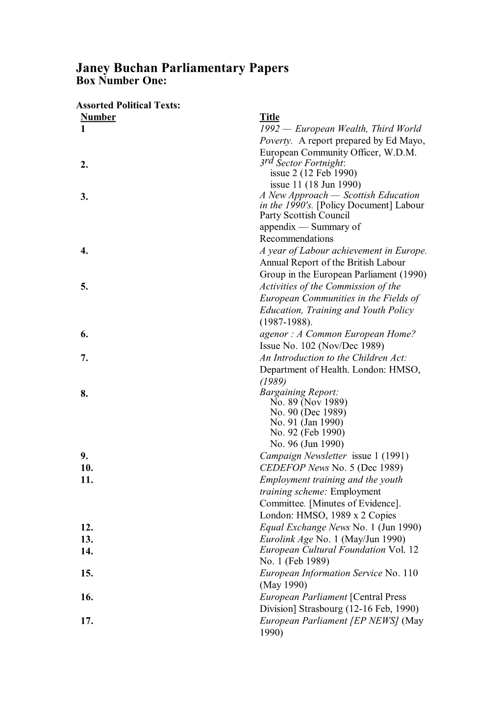 Janey Buchan Parliamentary Papers Box Number One