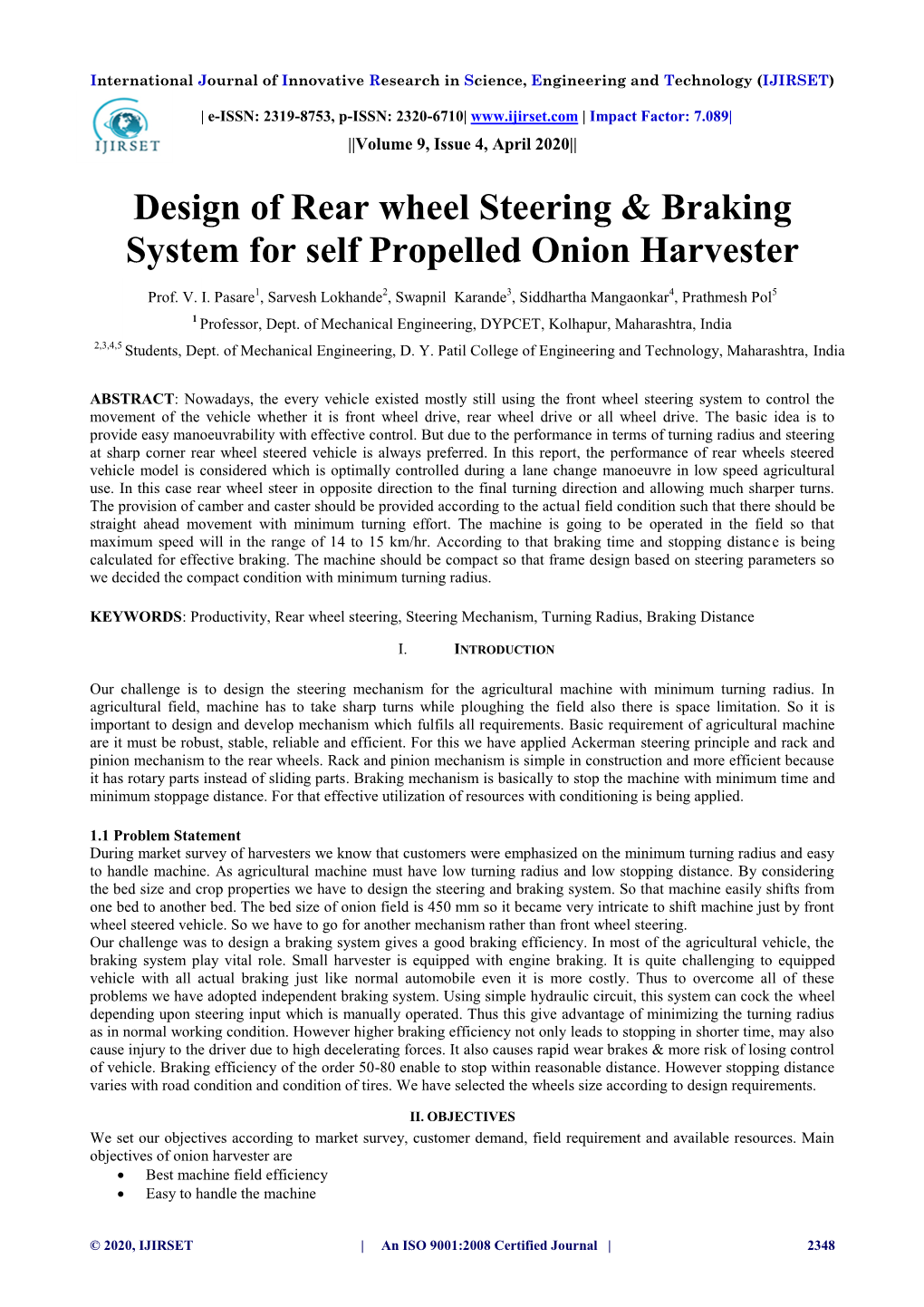 Design of Rear Wheel Steering & Braking System for Self Propelled