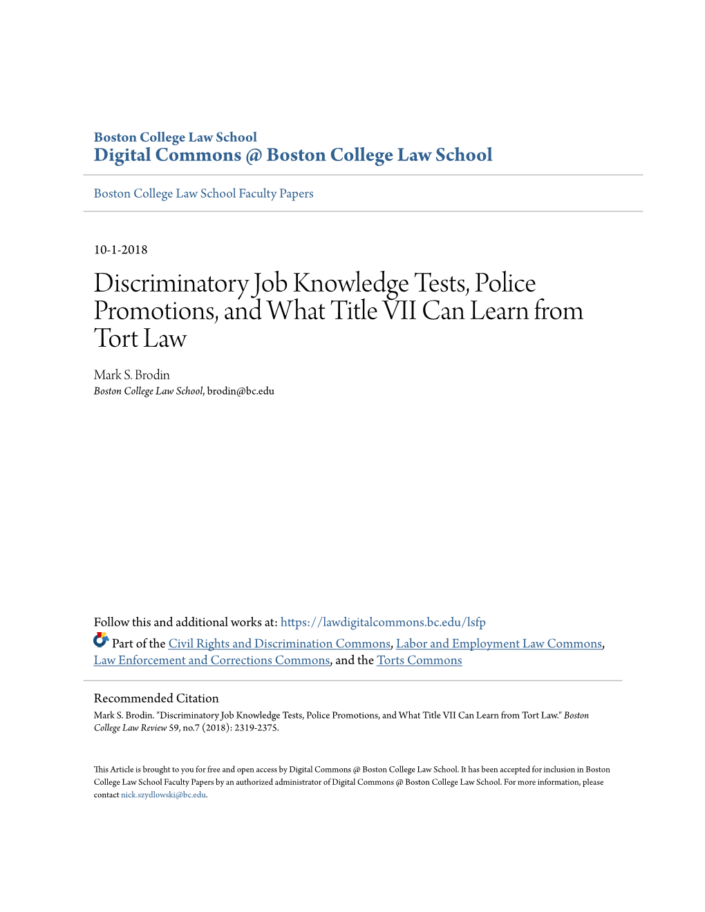 Discriminatory Job Knowledge Tests, Police Promotions, and What Title VII Can Learn from Tort Law Mark S