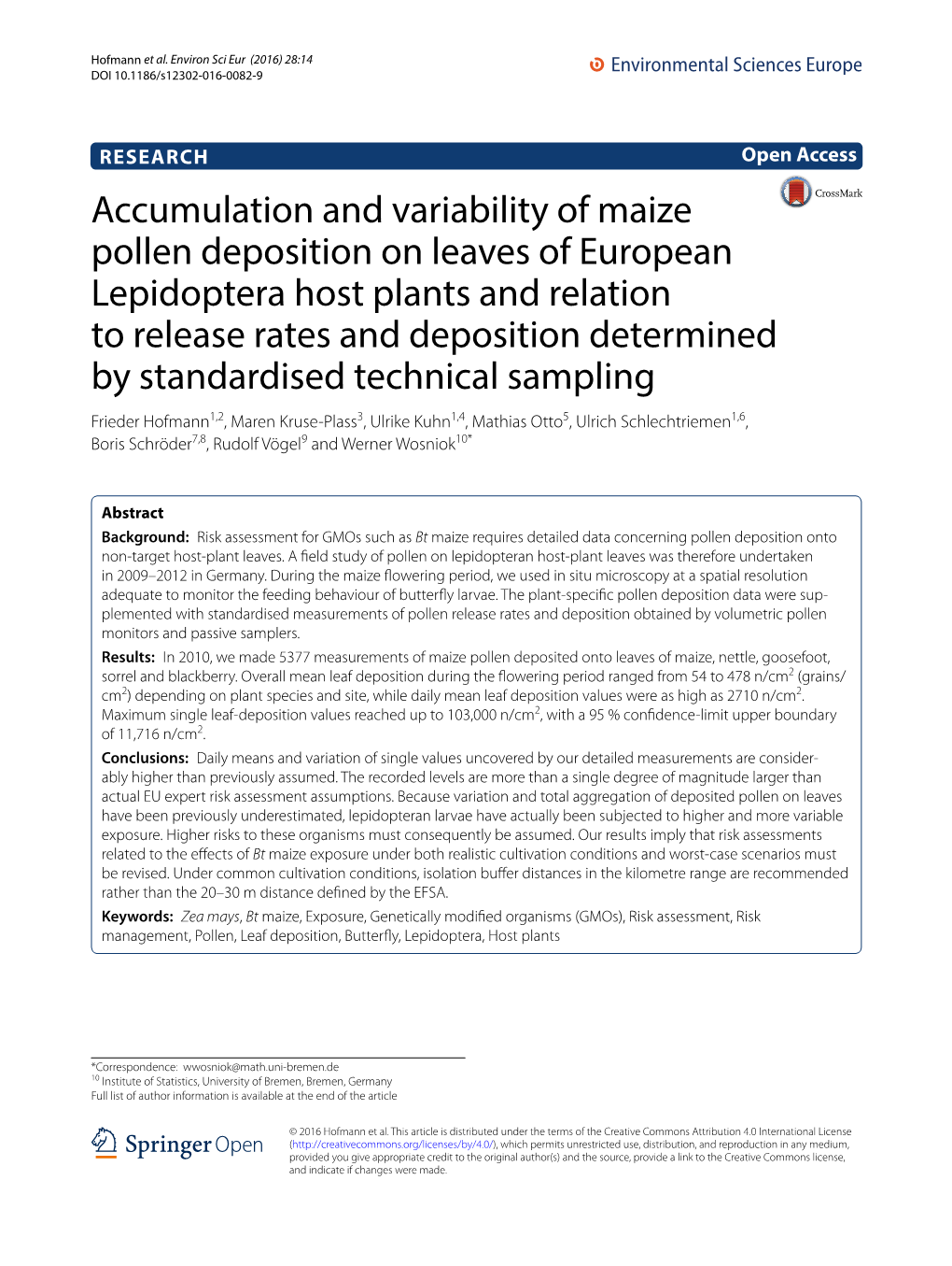 Accumulation and Variability of Maize Pollen Deposition on Leaves Of