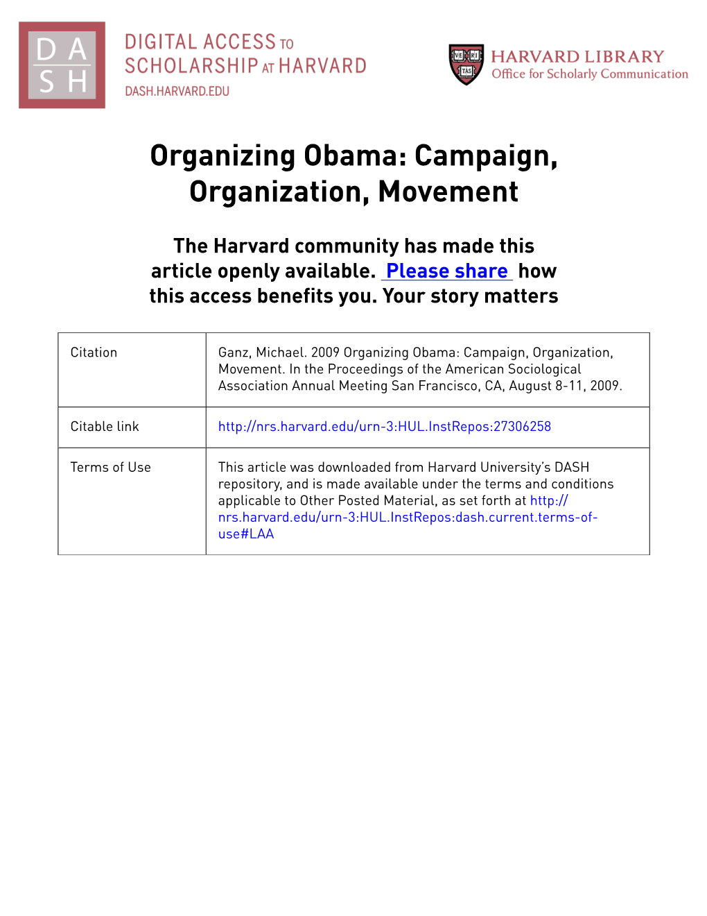 Organizing Obama: Campaign, Organization, Movement