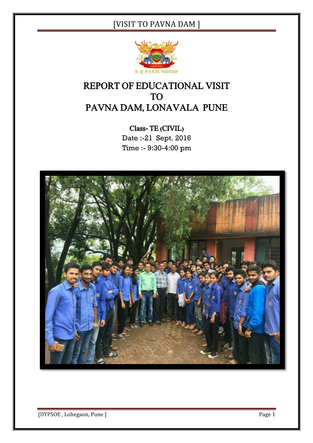 Report of Educational Visit to Pavna Dam, Lonavala Pune