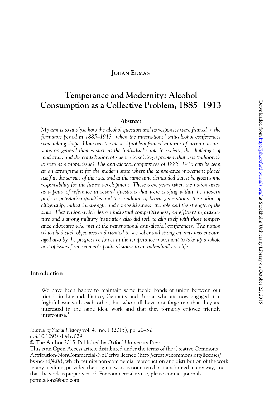 Alcohol Consumption As a Collective Problem, 1885–1913