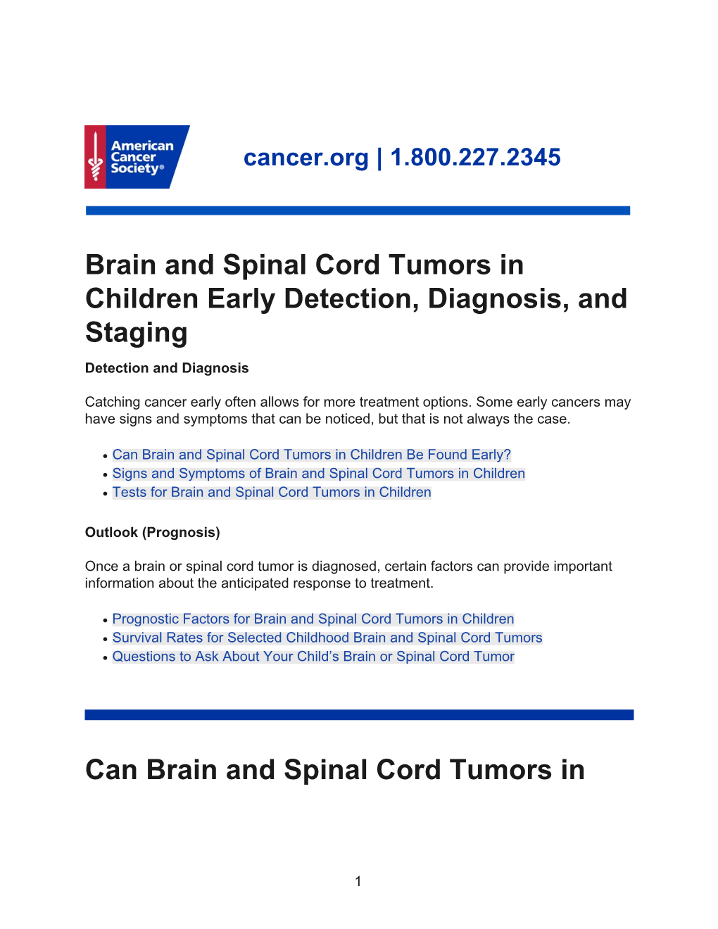 Brain and Spinal Cord Tumors in Children Early Detection, Diagnosis, and Staging Detection and Diagnosis