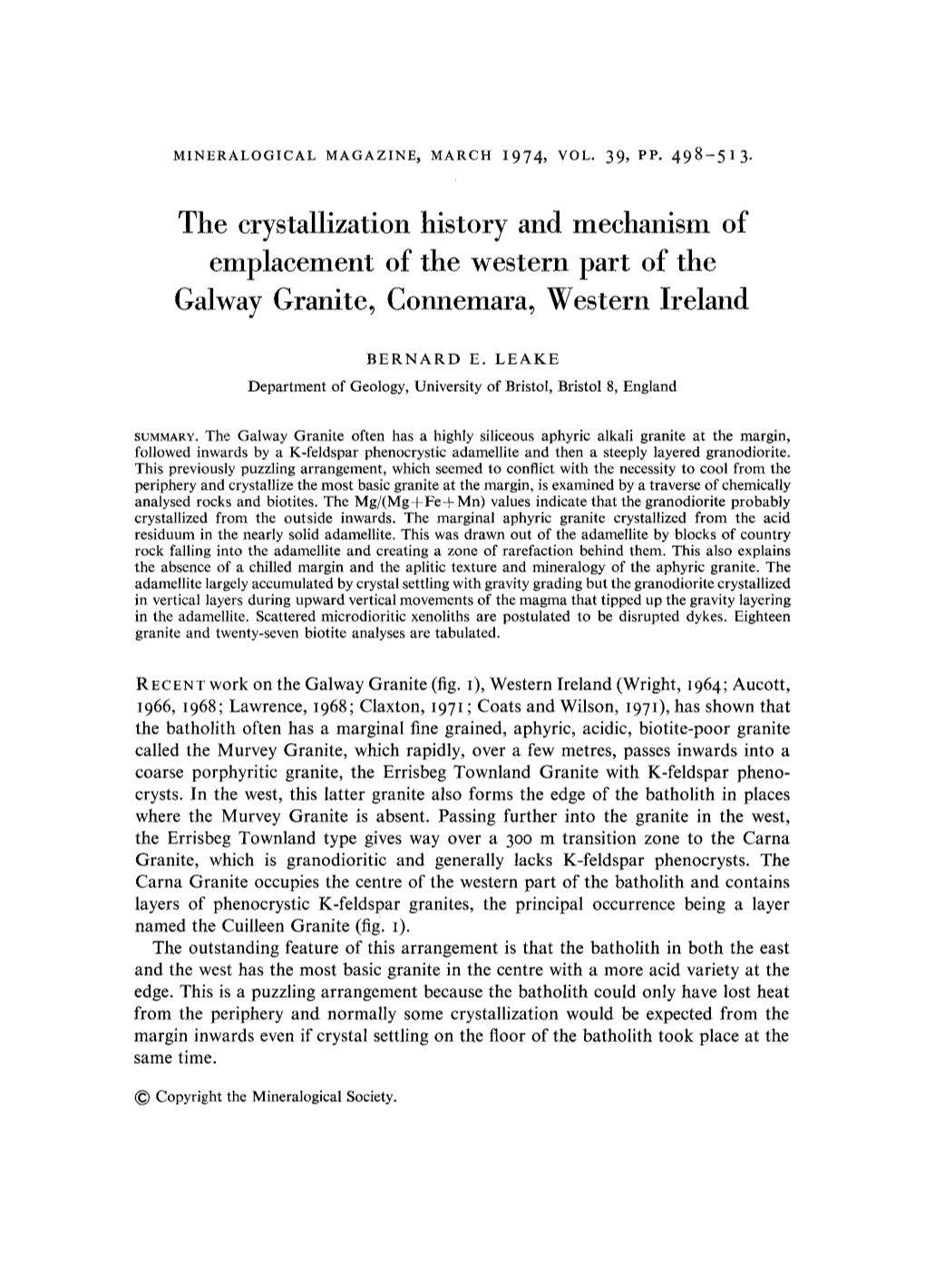 The Crystallization History and Mechanism of Emplacement of the Western Part of the Galway Granite, Connemara, Western Ireland