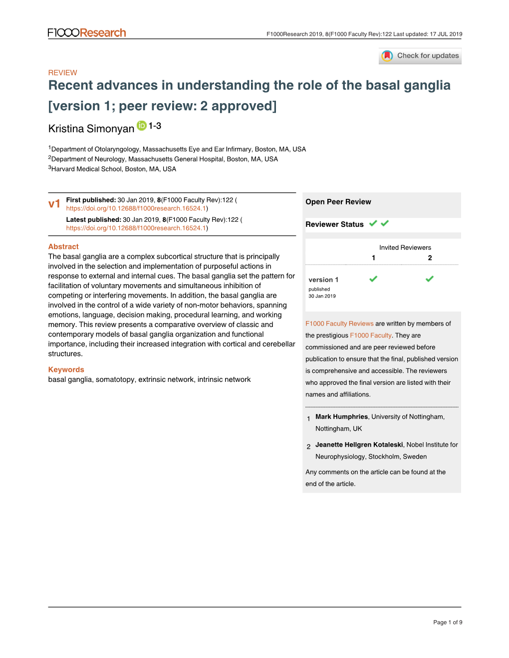 Recent Advances in Understanding the Role of the Basal Ganglia [Version 1; Peer Review: 2 Approved] Kristina Simonyan 1-3