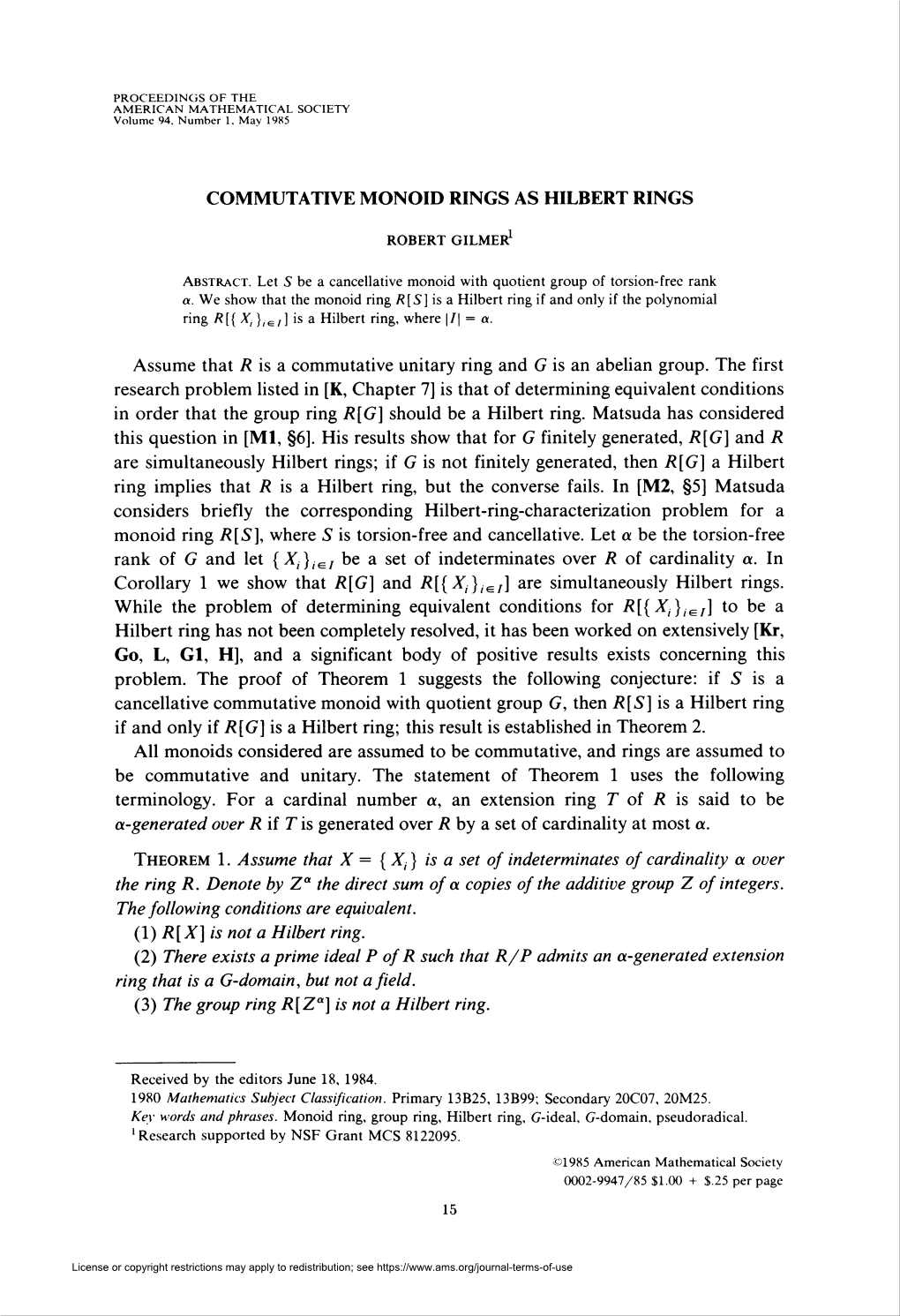 Commutative Monoid Rings As Hilbert Rings