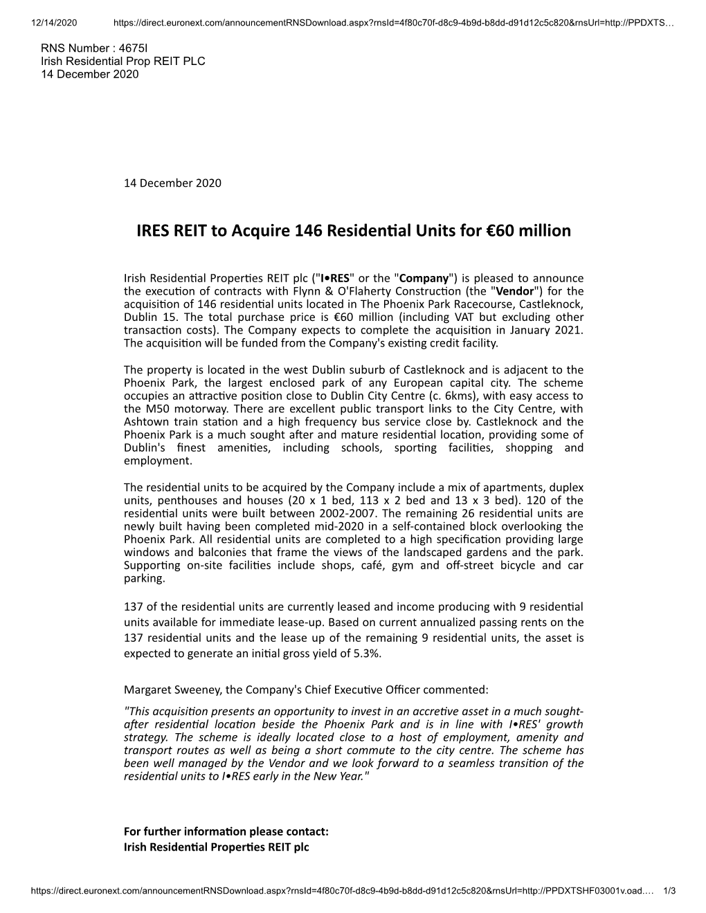 IRES REIT to Acquire 146 Residen Al Units for €60 Million