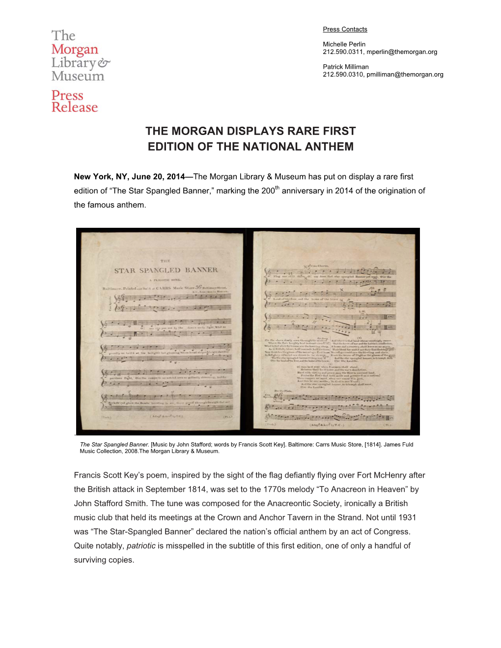 The Morgan Displays Rare First Edition of the National Anthem