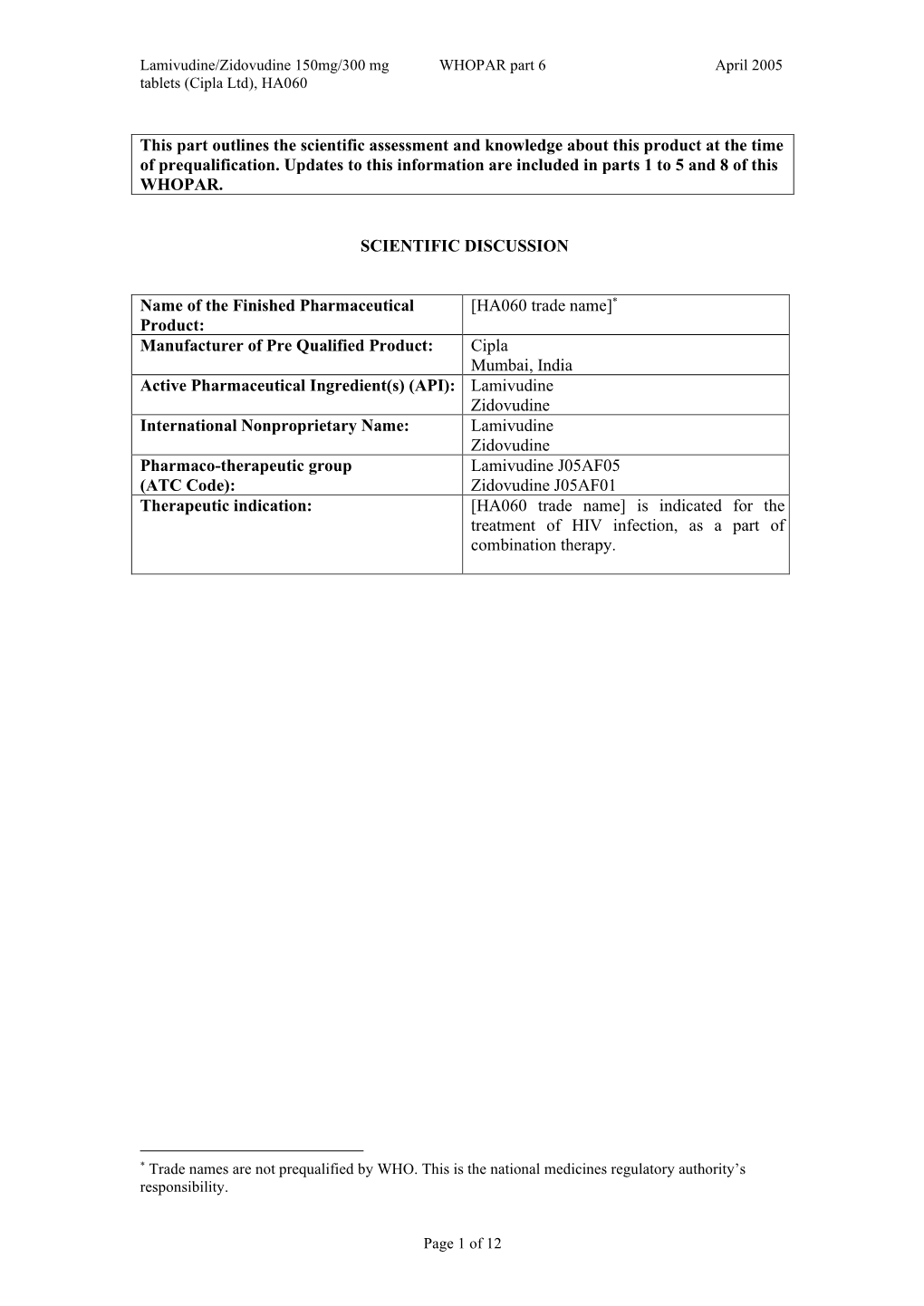 Part 6 April 2005 Tablets (Cipla Ltd), HA060