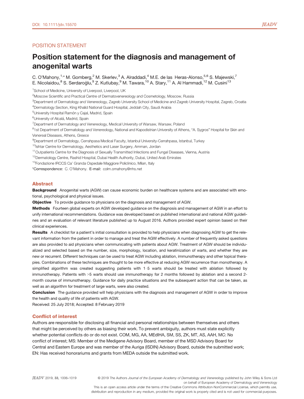 Position Statement for the Diagnosis and Management of Anogenital Warts