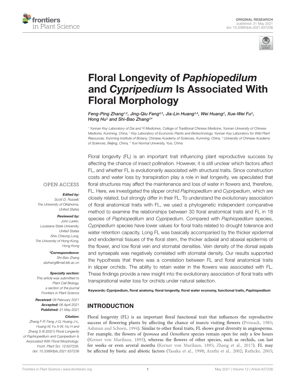 Floral Longevity of Paphiopedilum and Cypripedium Is Associated with Floral Morphology