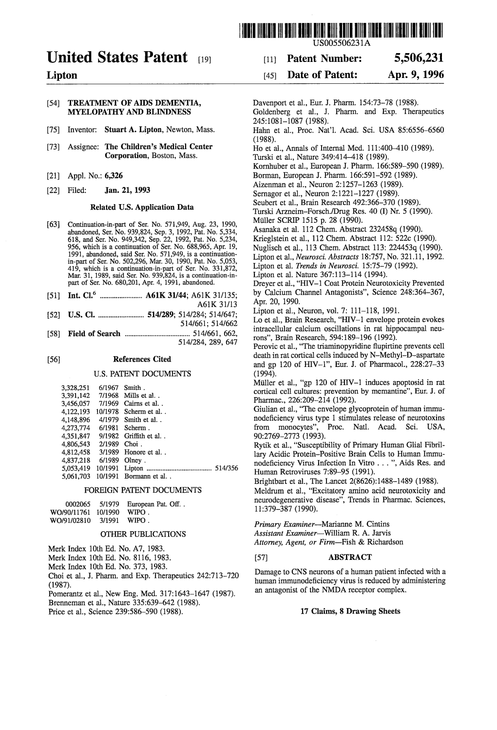 ||||||IIII USO05506231A United States Patent (19) 11 Patent Number: 5,506,231 Lipton 45 Date of Patent: Apr