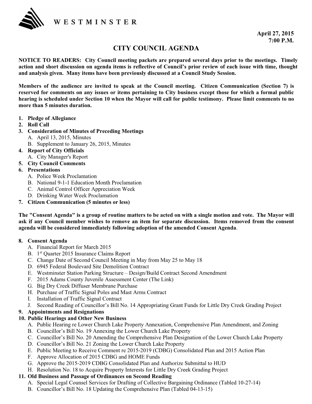 City Council Agenda for April 27, 2015