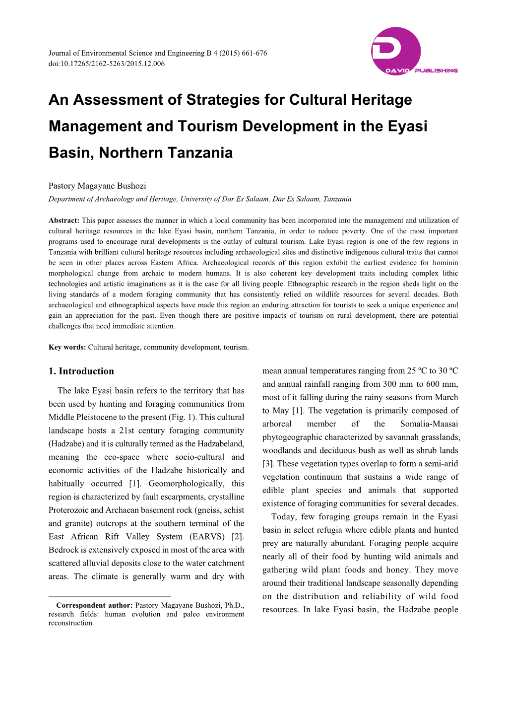 An Assessment of Strategies for Cultural Heritage Management and Tourism Development in the Eyasi Basin, Northern Tanzania