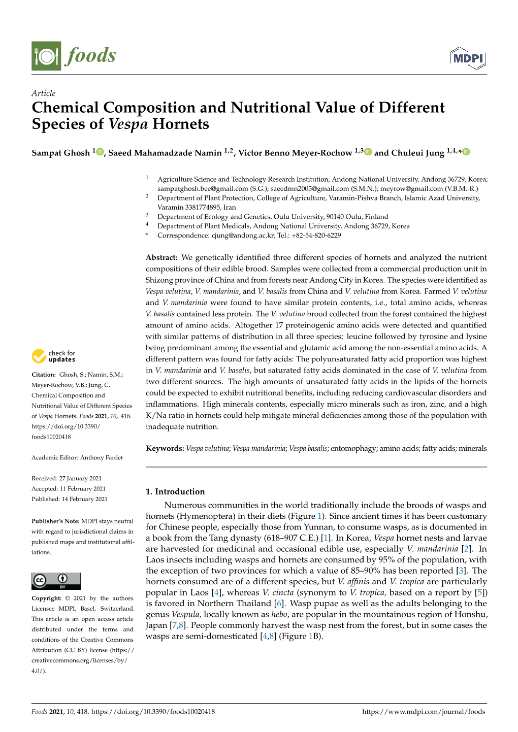 Chemical Composition and Nutritional Value of Different Species of Vespa Hornets