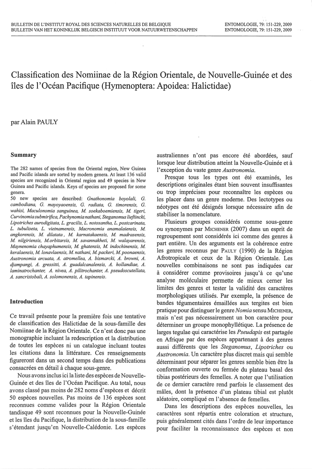 Classification Des N Omiinae De La Region Orientale, De N Ouvelle-Guinee Et Des Iles De L'ocean Pacifique (Hymenoptera: Apoidea: Halictidae)