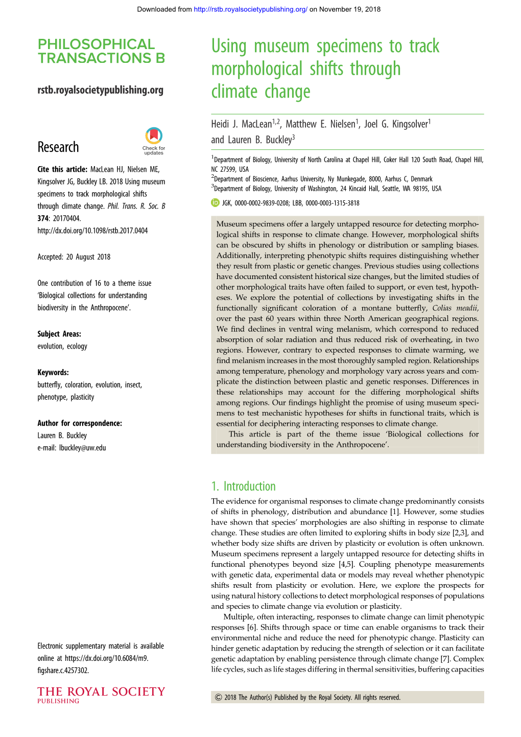 Using Museum Specimens to Track Morphological Shifts Through Rstb.Royalsocietypublishing.Org Climate Change