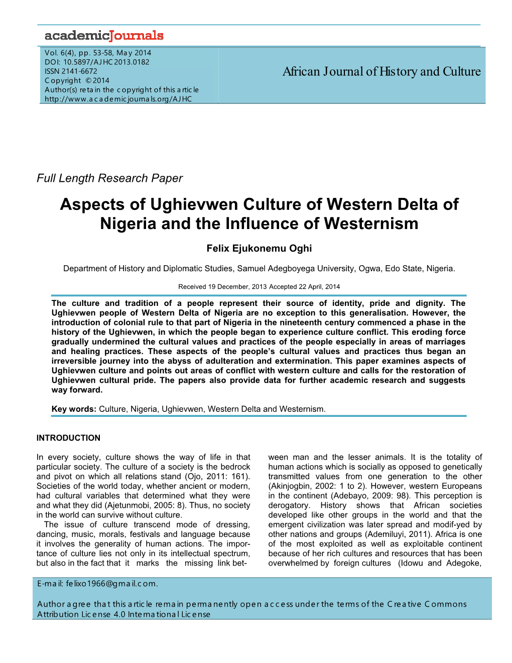 Aspects of Ughievwen Culture of Western Delta of Nigeria and the Influence of Westernism