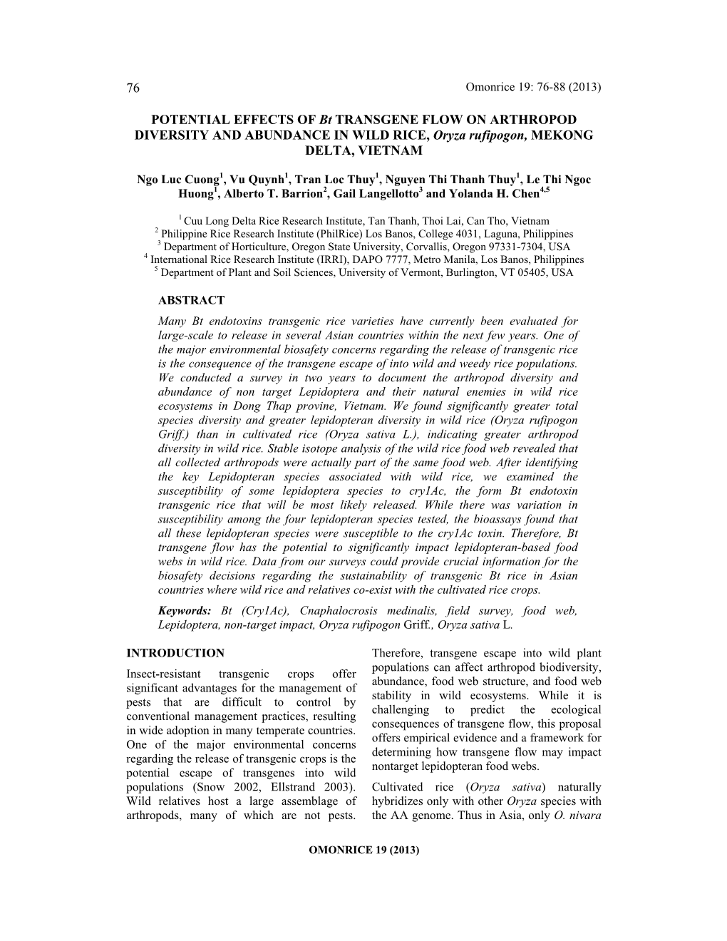 76 POTENTIAL EFFECTS of Bt TRANSGENE FLOW ON