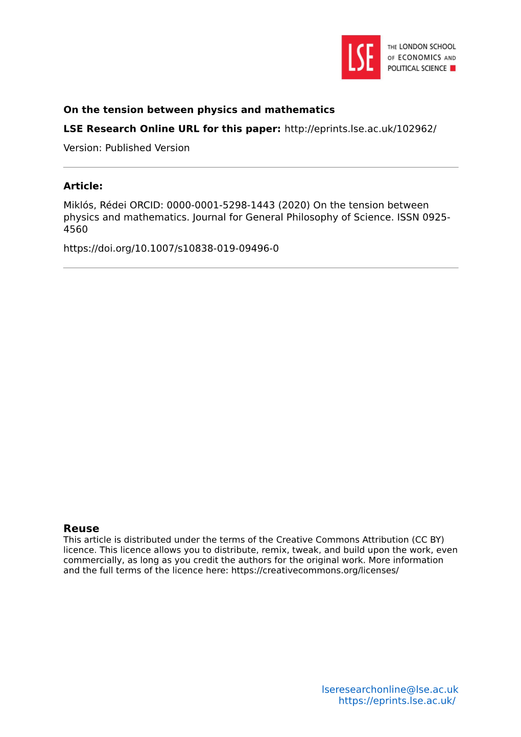 On the Tension Between Physics and Mathematics LSE Research Online URL for This Paper: Version: Published Version