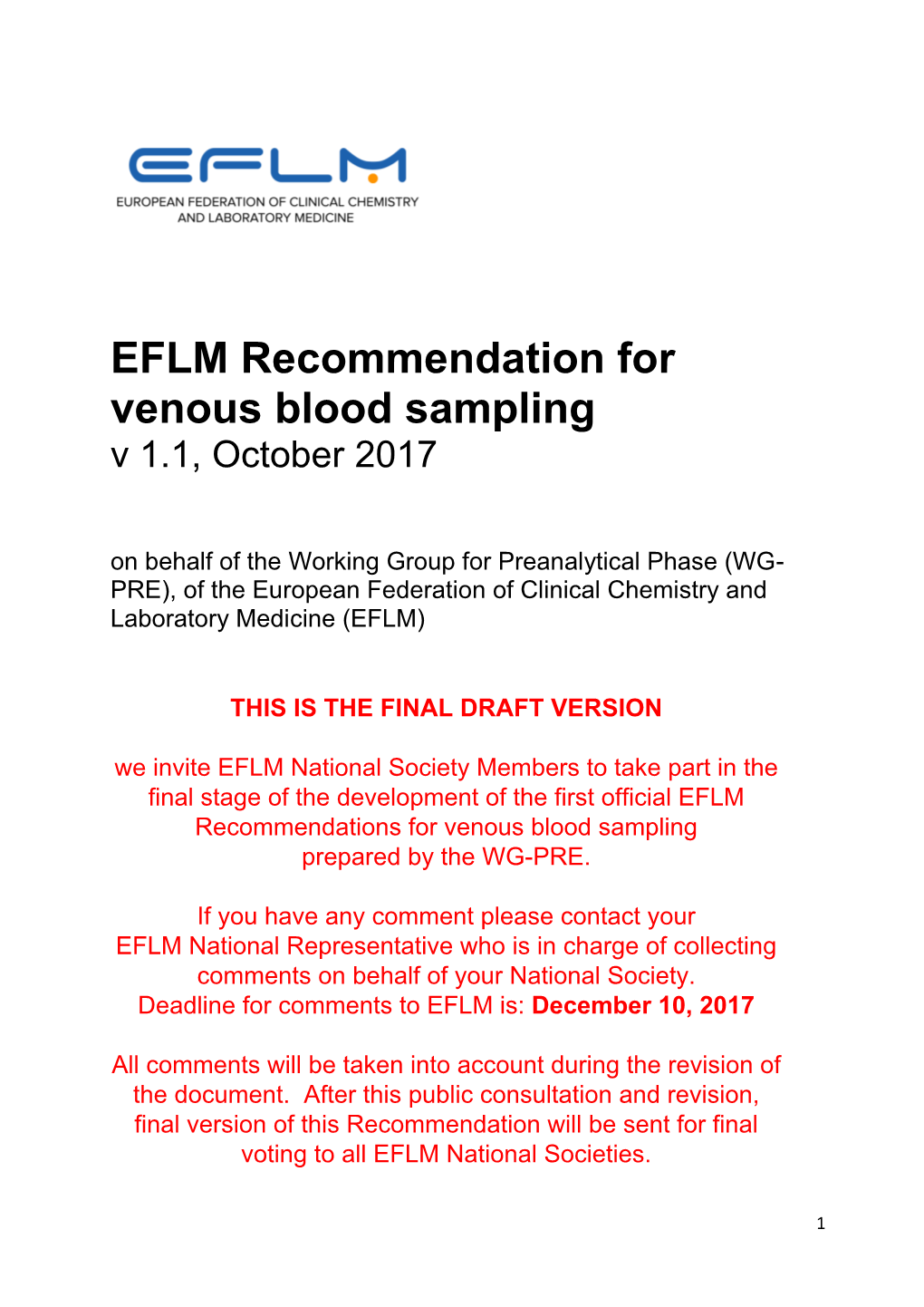 EFLM Recommendation for Venous Blood Sampling V 1.1, October 2017