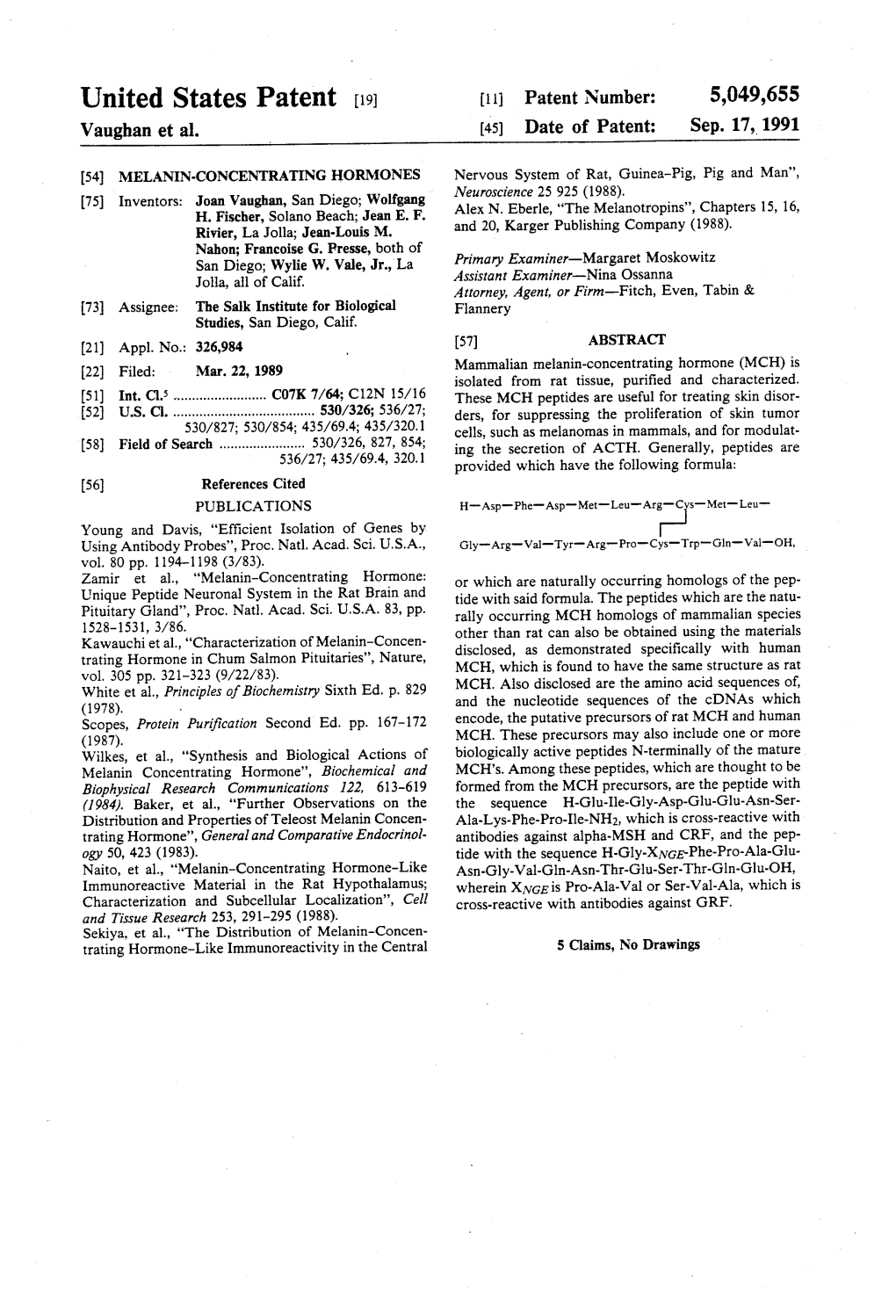 United States Patent (19) 11 Patent Number: 5,049,655 Vaughan Et Al