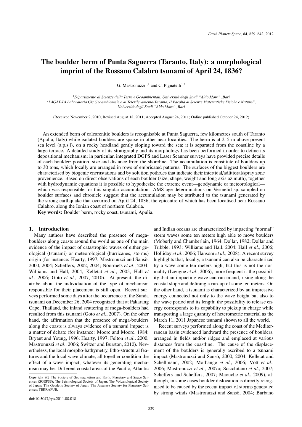 The Boulder Berm of Punta Saguerra (Taranto, Italy): a Morphological Imprint of the Rossano Calabro Tsunami of April 24, 1836?