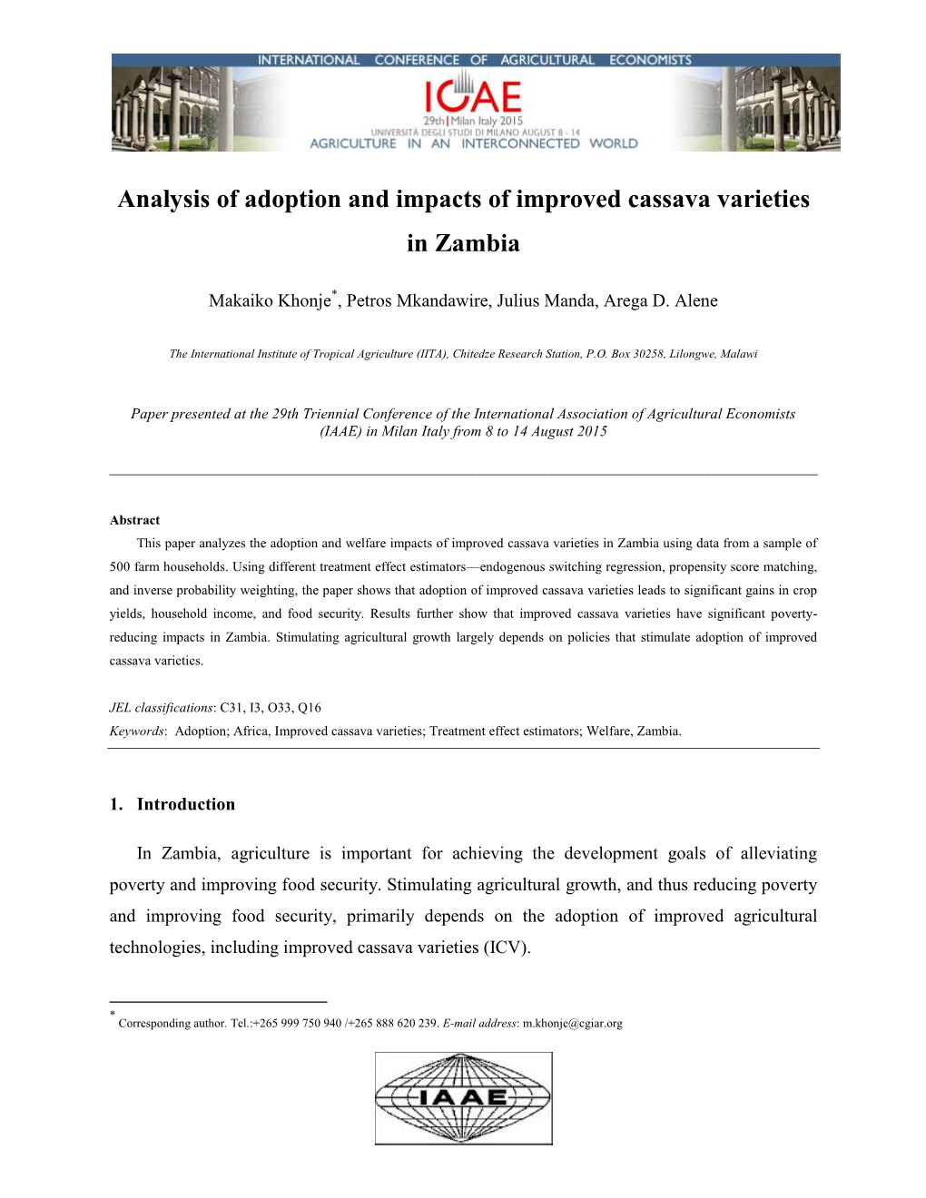 Analysis of Adoption and Impacts of Improved Cassava Varieties in Zambia