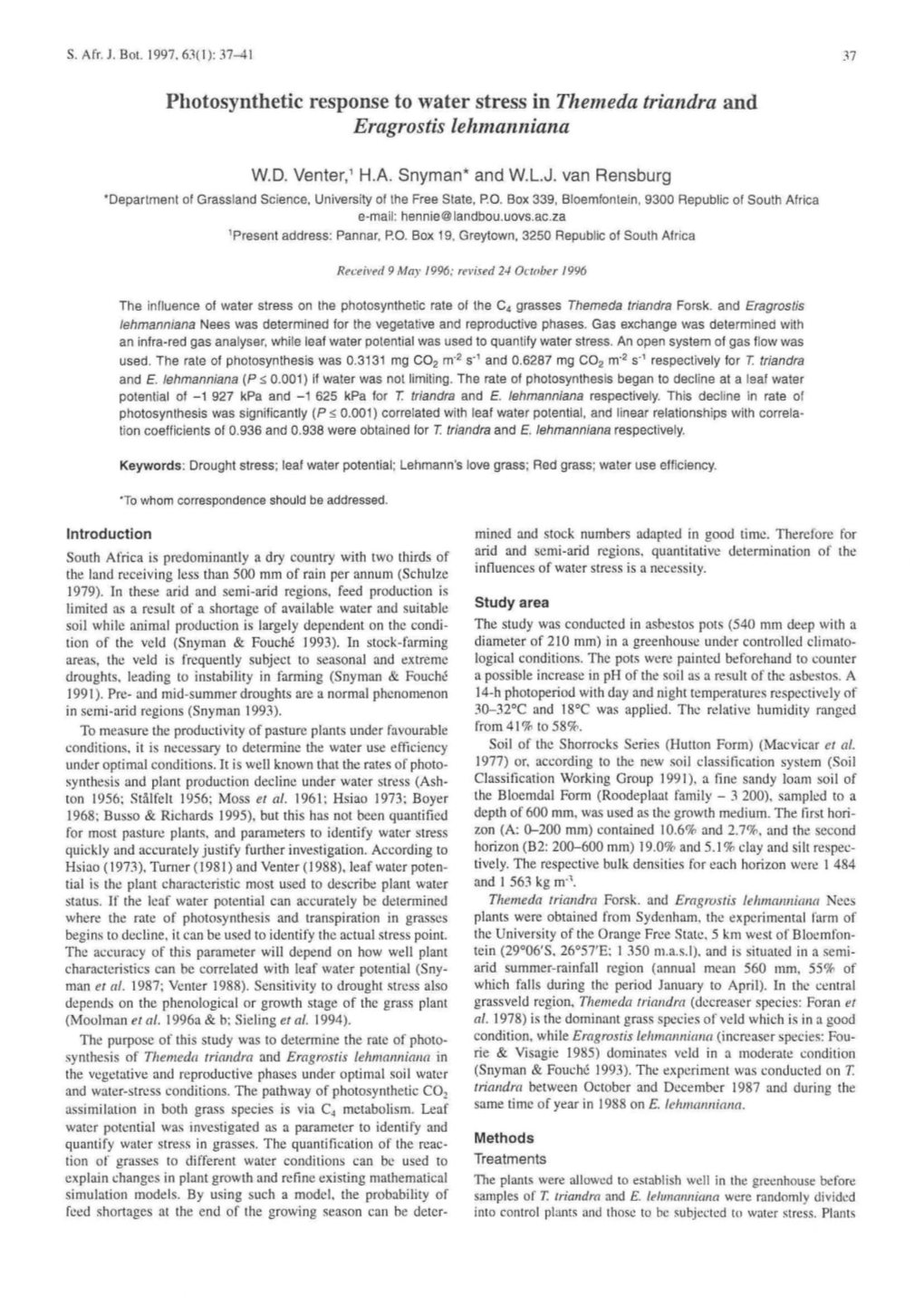 Photosynthetic Response to Water Stress in Themeda Triandra and Eragrostis Lehmanniana