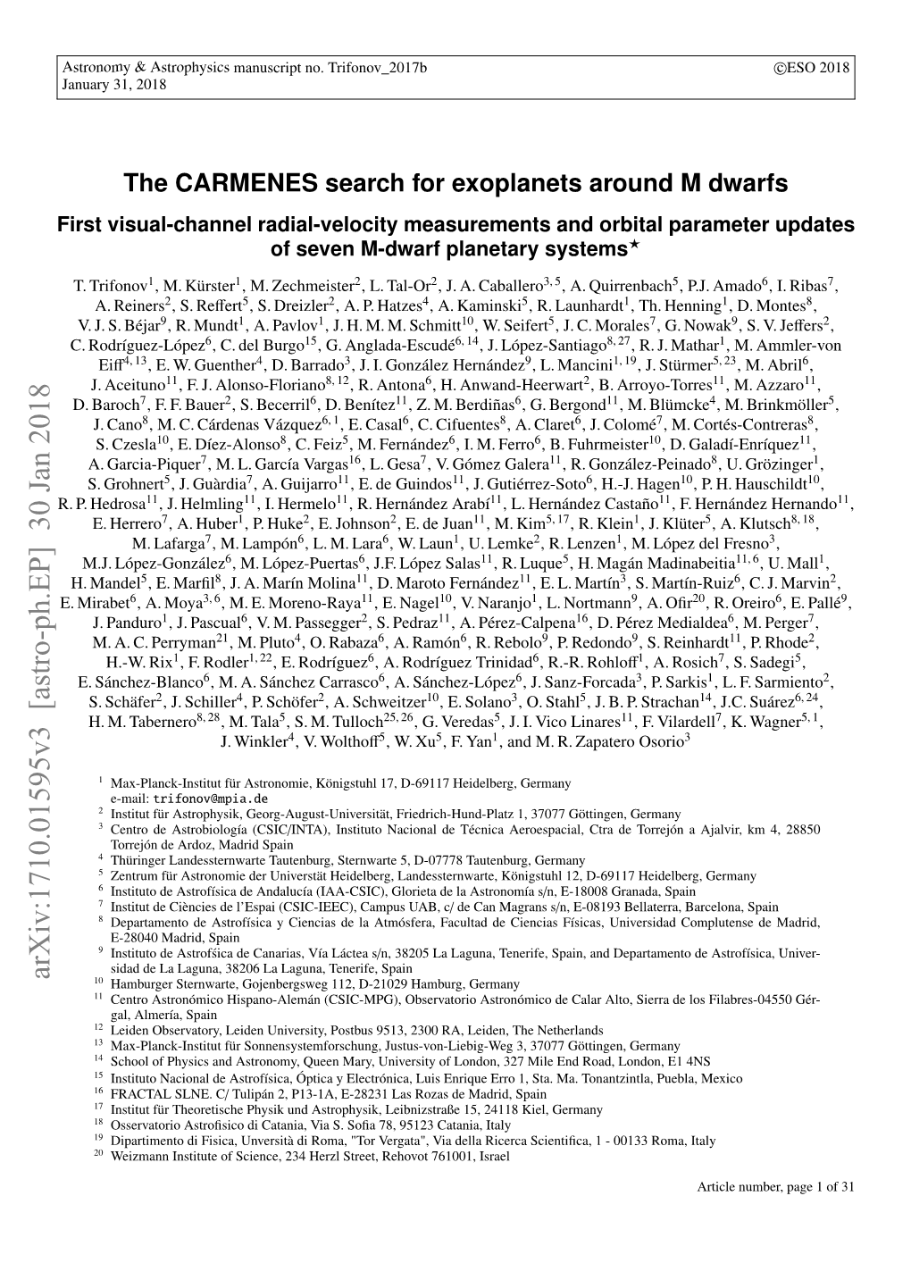 The CARMENES Search for Exoplanets Around M Dwarfs First Visual-Channel Radial-Velocity Measurements and Orbital Parameter Updates of Seven M-Dwarf Planetary Systems?