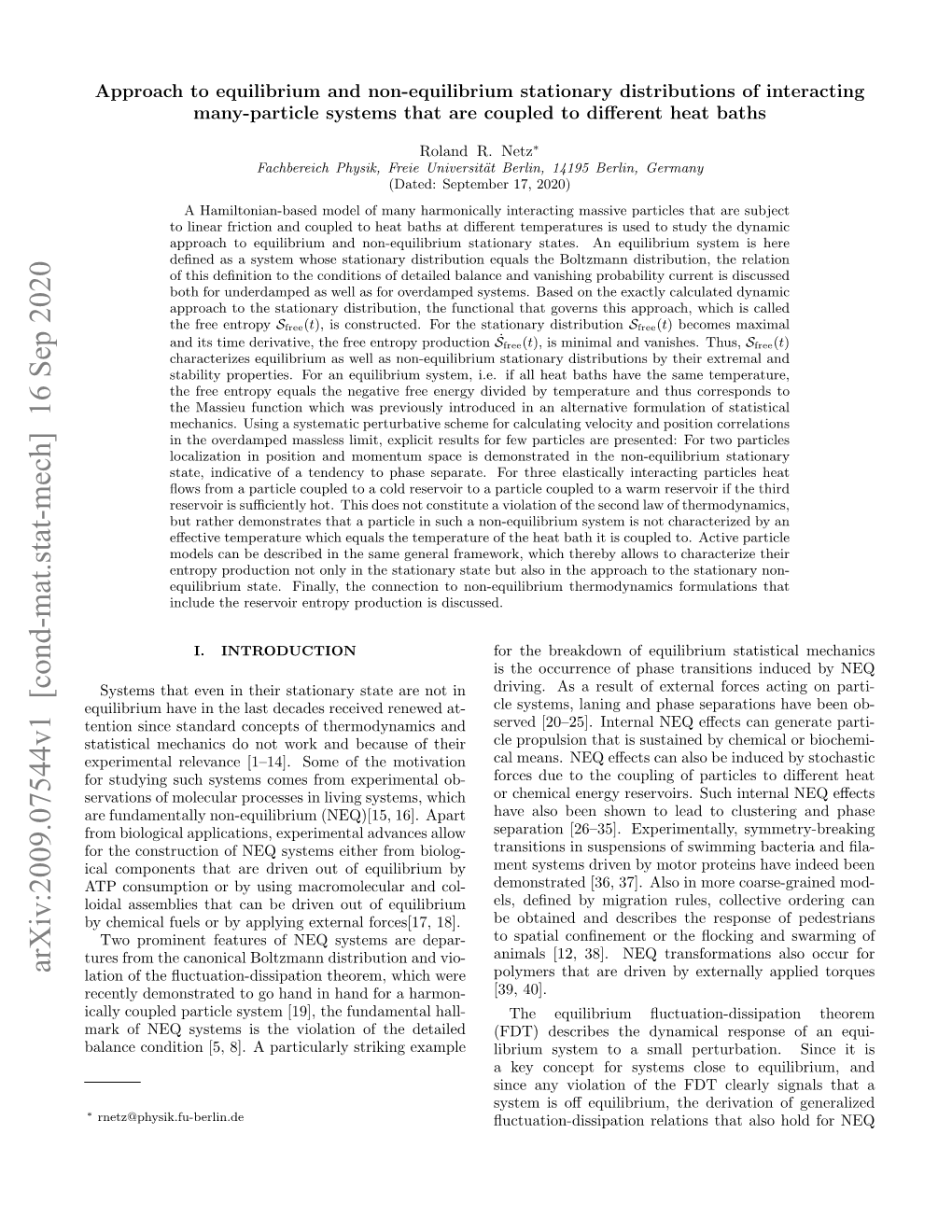 Arxiv:2009.07544V1 [Cond-Mat.Stat-Mech] 16 Sep 2020