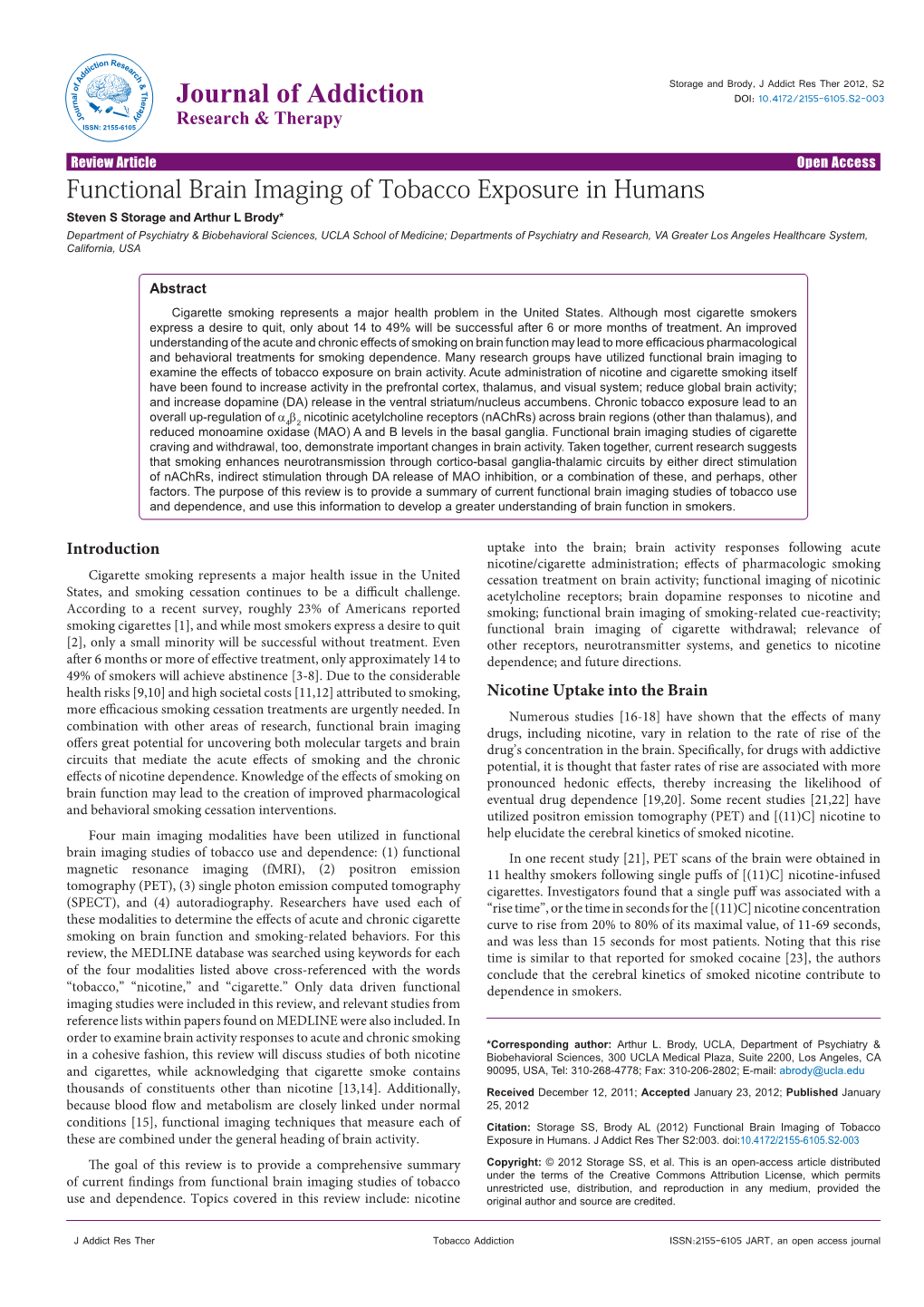 Functional Brain Imaging of Tobacco Exposure in Humans