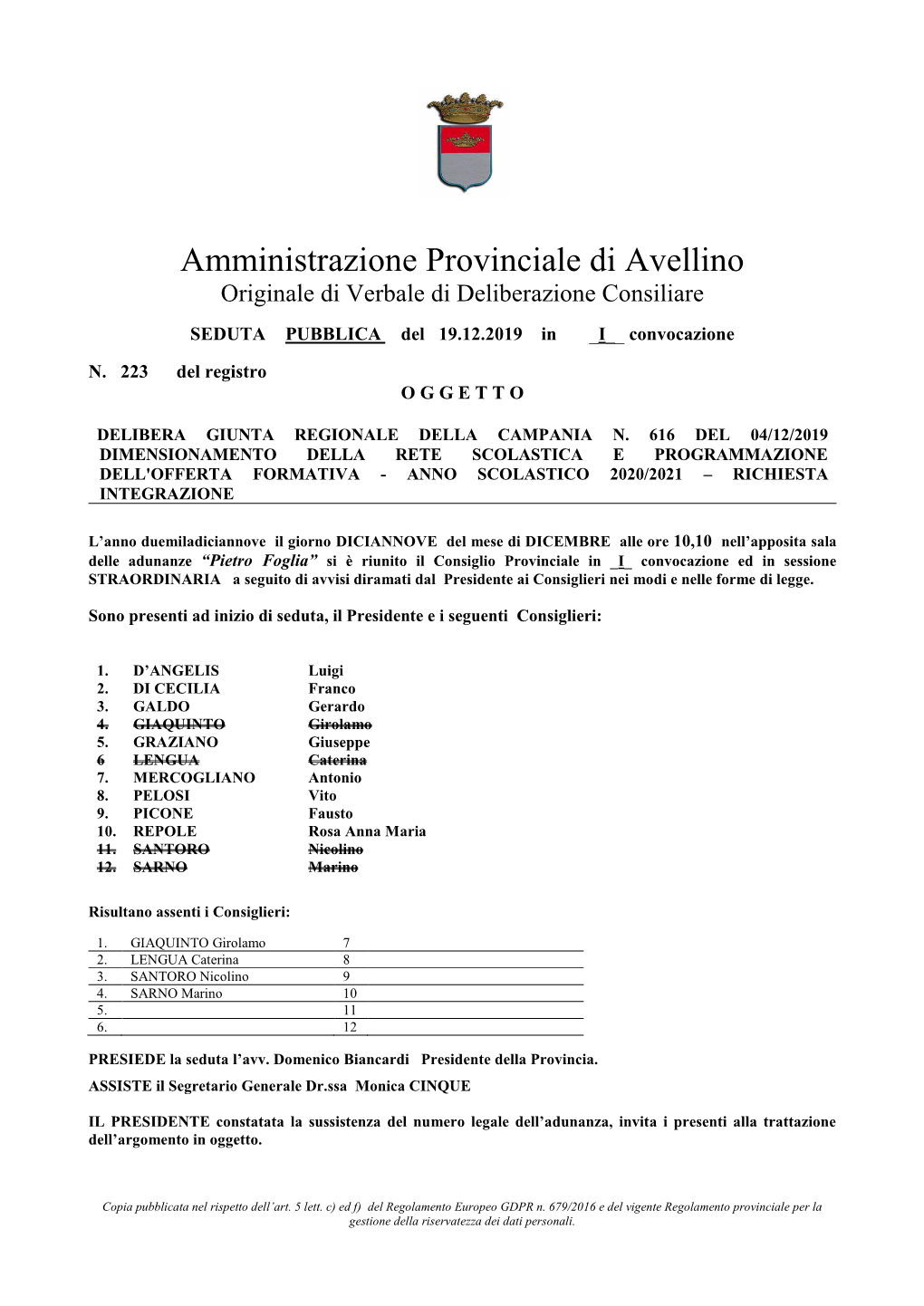 Amministrazione Provinciale Di Avellino Originale Di Verbale Di Deliberazione Consiliare